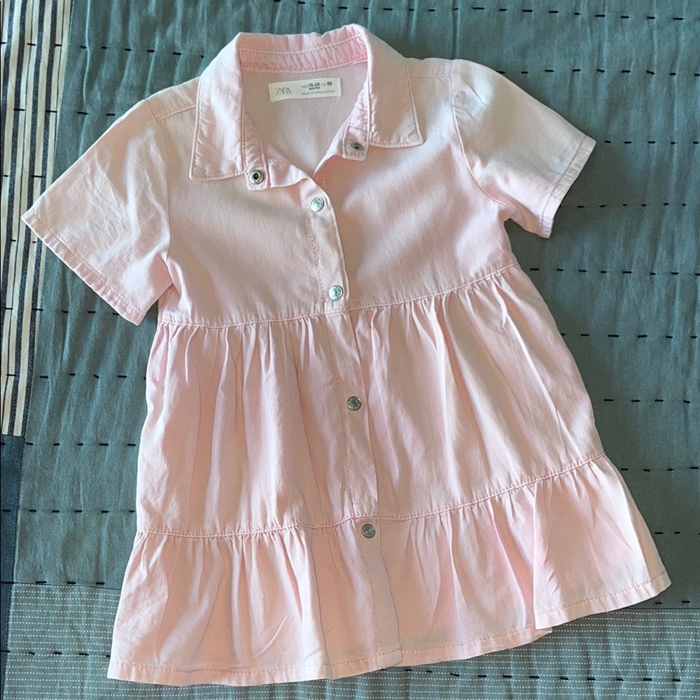 Zara Baby Pink Button Down Dress with Ruffled Details
